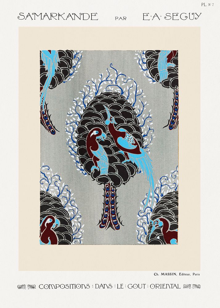 Art Nouveau bird pattern pochoir print in oriental style. Original from our own 1914 edition of Samarkande: 20 Compositions…