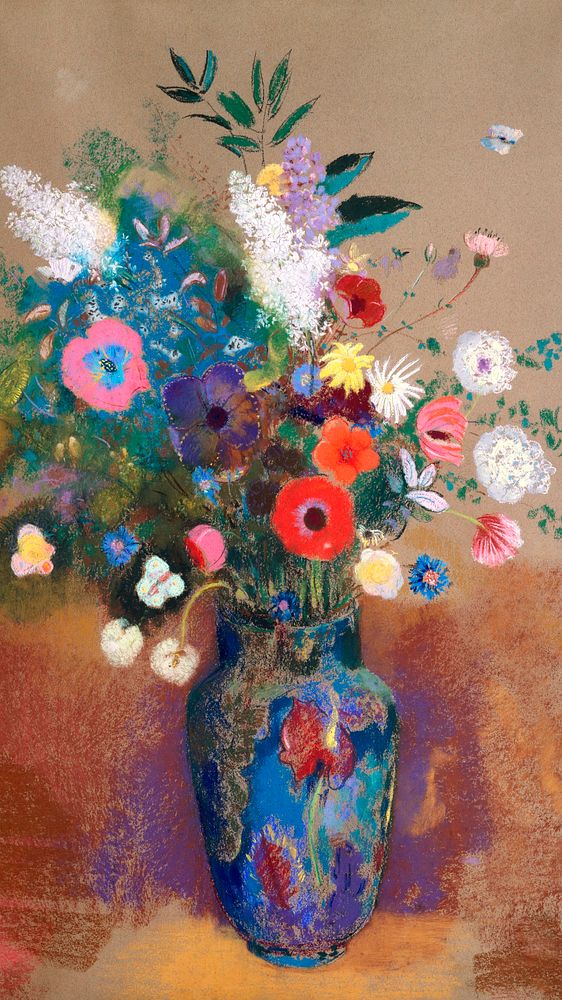 Vintage mobile wallpaper, iPhone background, Bouquet of Flowers painting, remix from the artwork of Odilon Redon