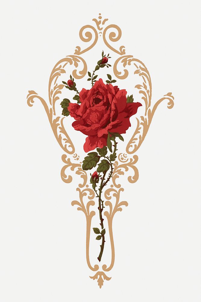 Psd red rose ornamental vintage botanical clipart
