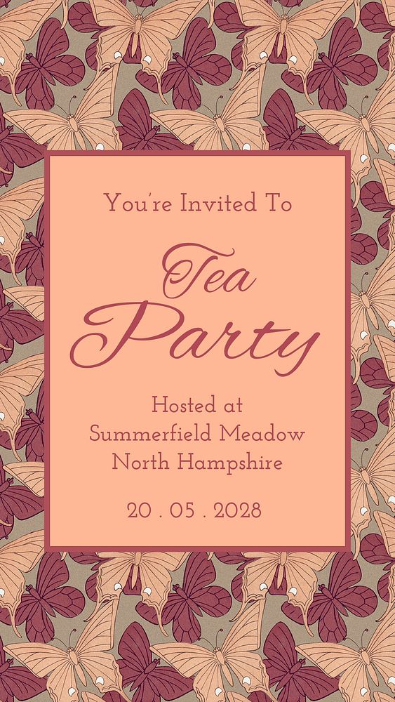 Tea party Instagram story template, vintage butterfly pattern psd, famous Maurice Pillard Verneuil artwork remixed by…