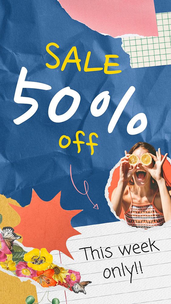 Sale Instagram story template, promotion ad paper collage psd