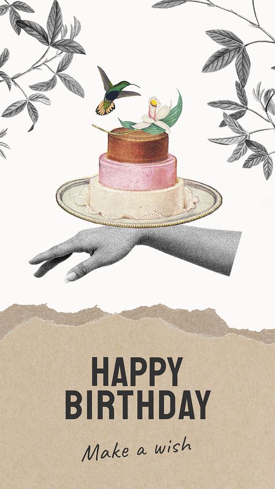 Vintage birthday Instagram story template, cake illustration psd