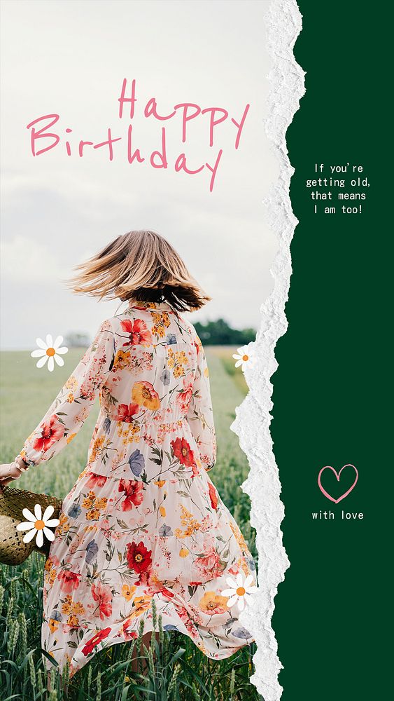 Spring birthday Instagram story template, floral greeting card psd