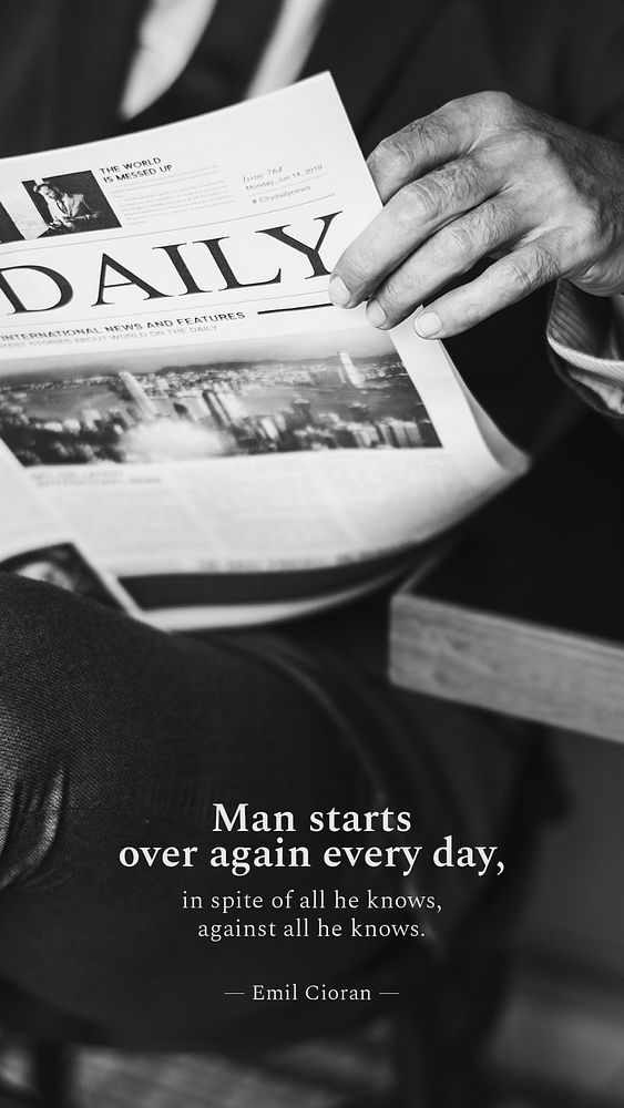 Businessman quote Instagram story template, man reading newspaper photo psd