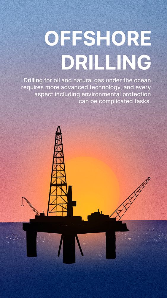 Offshore drilling Instagram story template, oil rig sunset psd