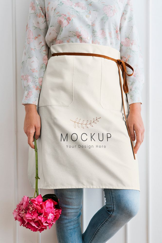 Florist in a white apron mockup holding a pink hydrangea