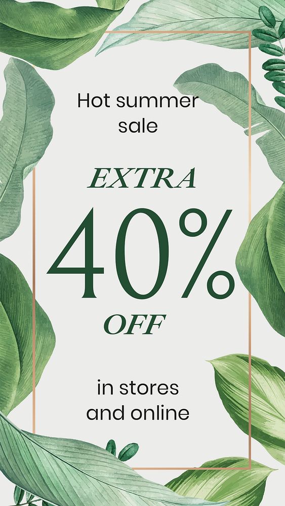 Summer sale facebook story template, tropical leaves, editable text psd