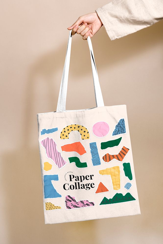 Tote bag mockup psd with ripped paper collage pattern