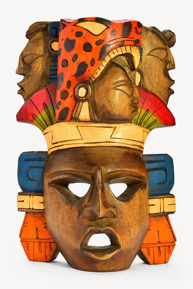 Carved Mayan mask collage element, religious design psd