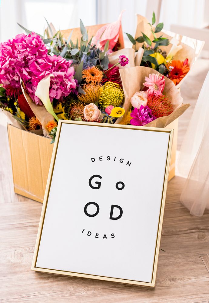Flowers with a golden frame mockup