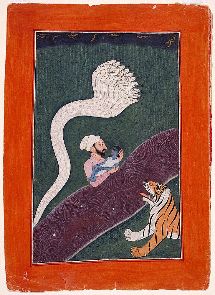 Vasudeva carries the Infant Krishna across the Yamuna River (ca. 1720) painting in high resolution. Original from the…