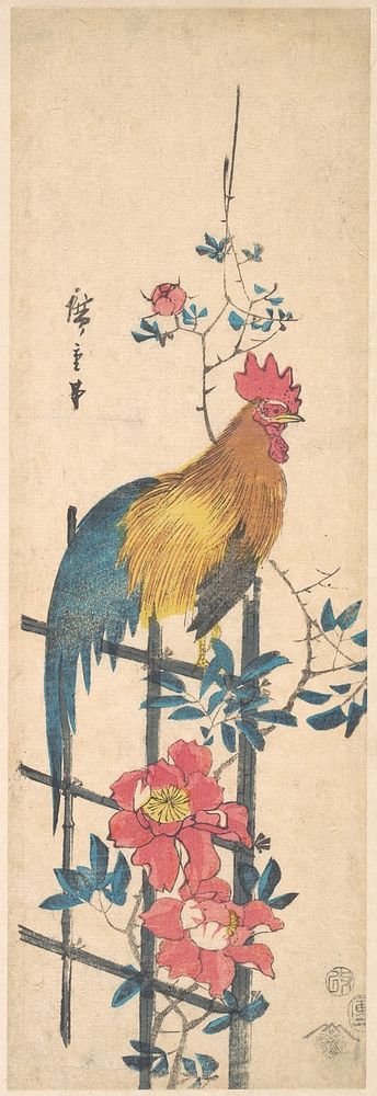 Utagawa Hiroshige (1797 – 1858) rooster on trellis. Original public domain image from the MET museum.