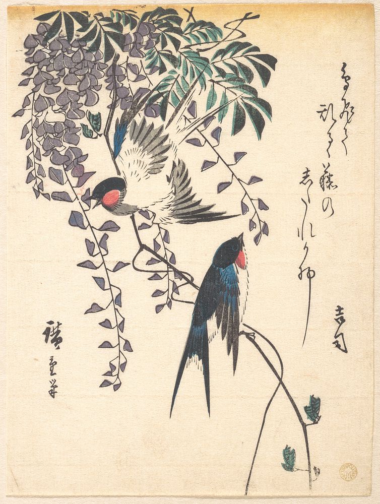 Utagawa Hiroshige (1840) Swallow and Wisteria. Original public domain image from the MET museum.