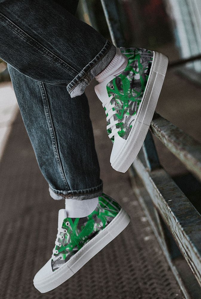 Abstract green canvas sneakers, street fashion
