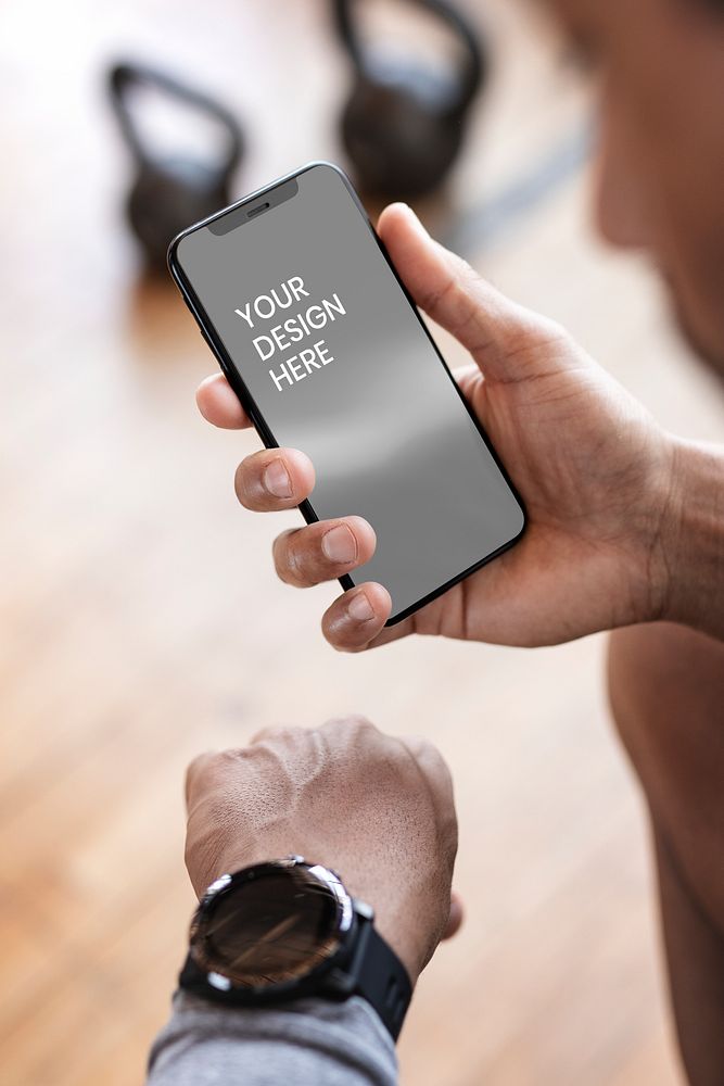 Coach checking his watch and mobile phone screen mockup