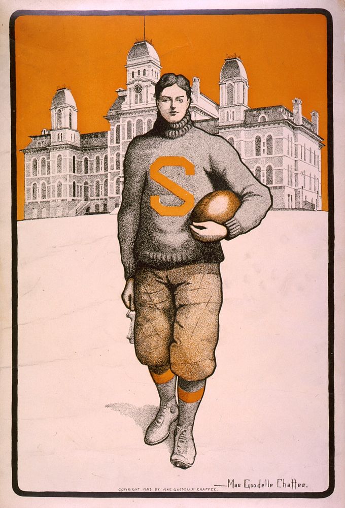 [Syracuse football player, full-length, standing, facing front, with Syracuse University behind him] / Mae Goodelle Chaffee.