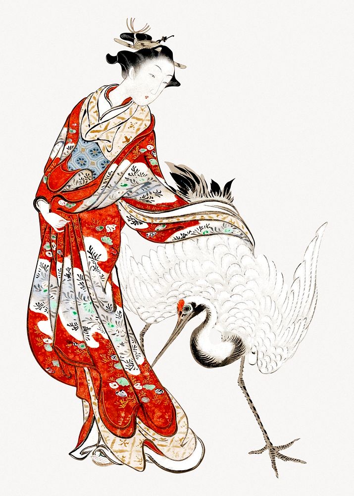 Japanese woman and crane illustration.   Remastered by rawpixel. 