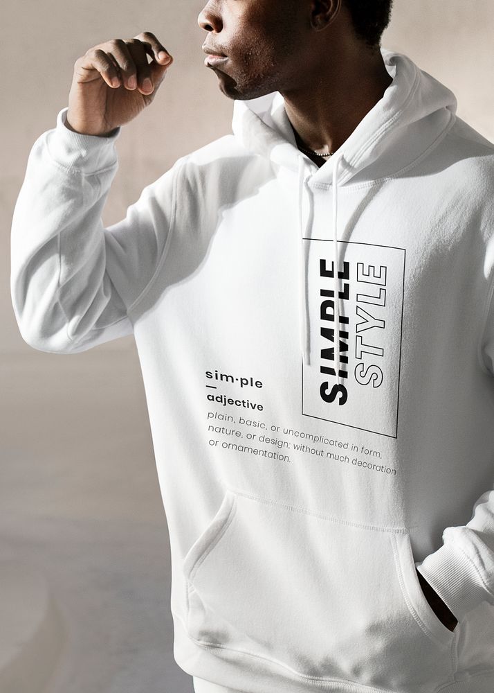 Printed white hoodie mockup psd simple style closeup men&rsquo;s apparel fashion shoot