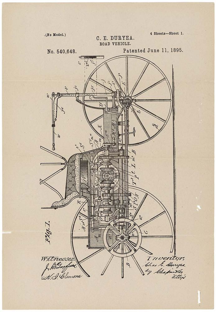 Patent Drawing for the Duryea Road Vehicle, 06/11/1895 - 06/11/1895. Original public domain image from Flickr