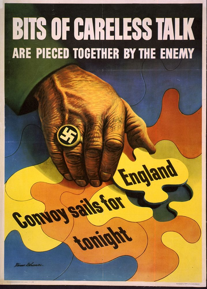 Bits of careless talk are pieced together by the enemy Stevan Dohanos. Vintage propaganda poster from World War 2.