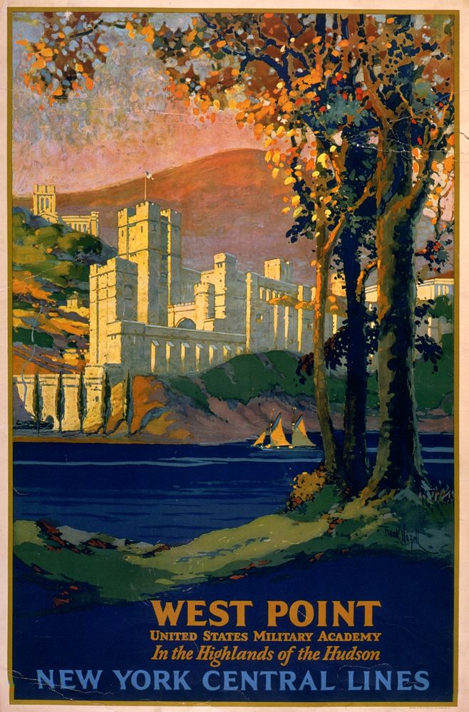West Point, United States Military Academy, in the highlands of the Hudson. New York Central Lines  Frank Hazell.