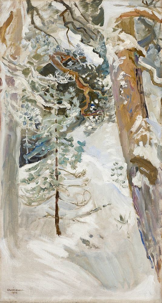 Snowy forest, oil painting. Original public domain image by Akseli Gallen-Kallela from Finnish National Gallery. Digitally…