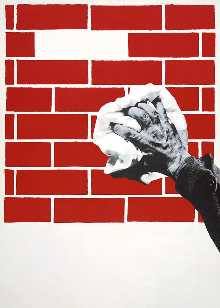 Hand wiping red brick wall illustration.  Remixed by rawpixel.