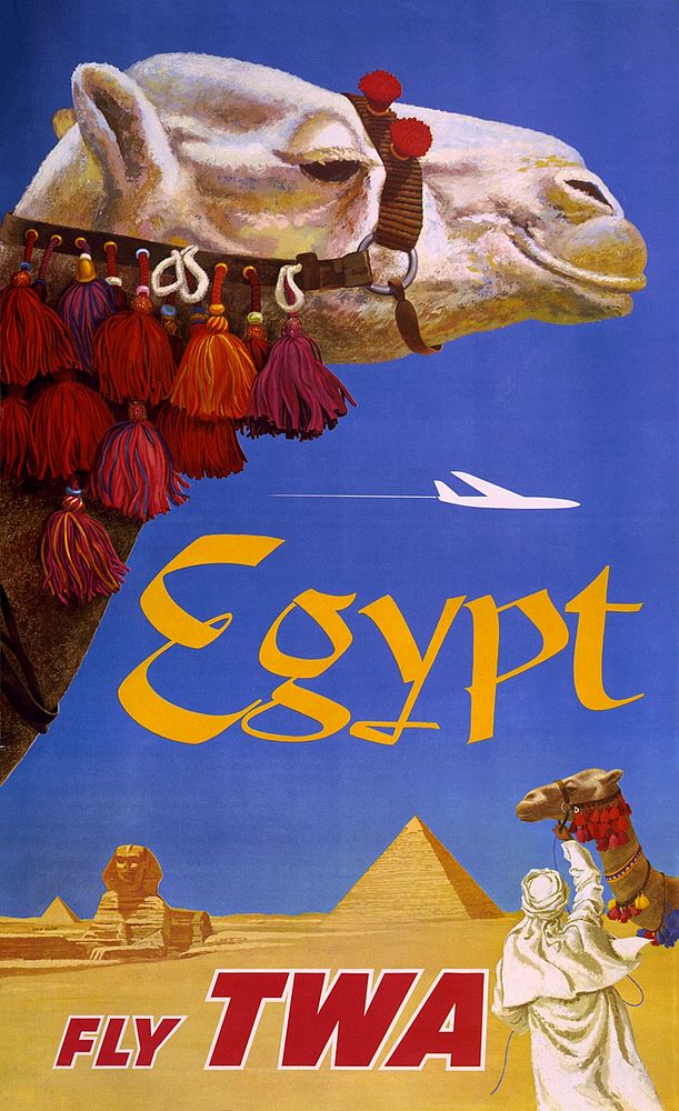 Egypt. Fly TWA (1960) vintage poster by David Klein. Original public domain image from the Library of Congress. Digitally…