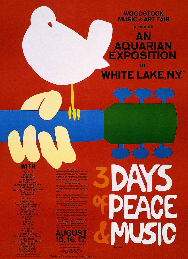 An aquarian exposition in White Lake, N.Y.--3 days of peace & music (1969) poster by Arnold Skolnick. Original public domain…