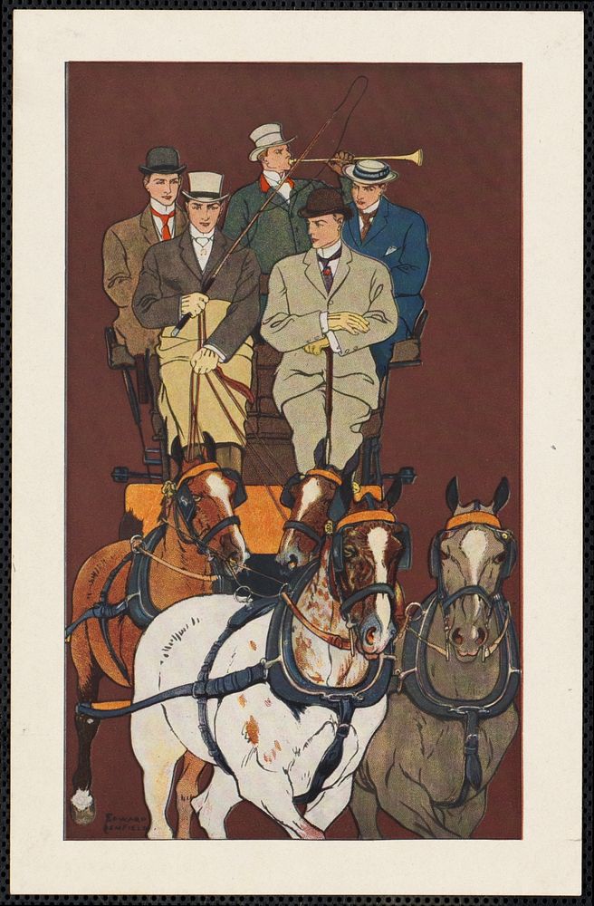             Five men riding in a carriage drawn by four horses           by Edward Penfield