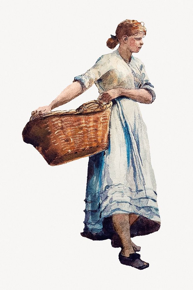 Girl Carrying a Basket, Winslow Homer's vintage illustration, remixed by rawpixel