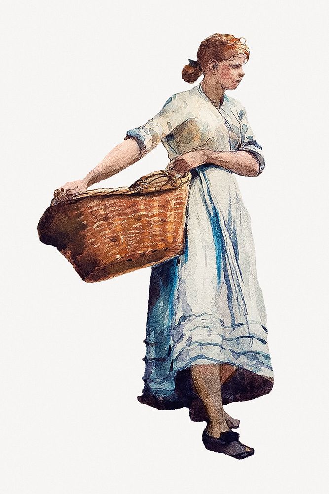 Girl Carrying a Basket, Winslow Homer's vintage illustration psd, remixed by rawpixel