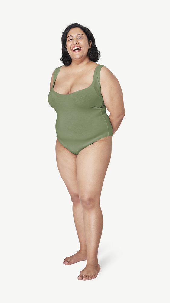 Plus-size swimming suit mockup, happy woman design psd