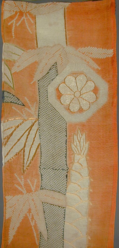 Kosode (Kimono) Fragment with Bamboo and Chrysanthemum Blossom within Hexagon