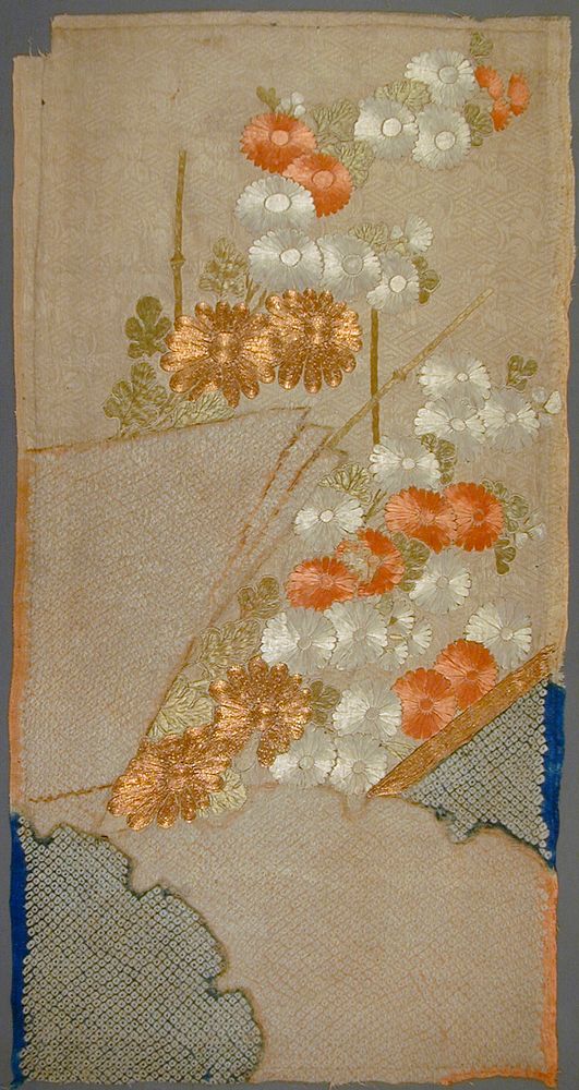 Kosode (Kimono) Fragment with Chrysanthemums, Books, and Snowflake Roundels