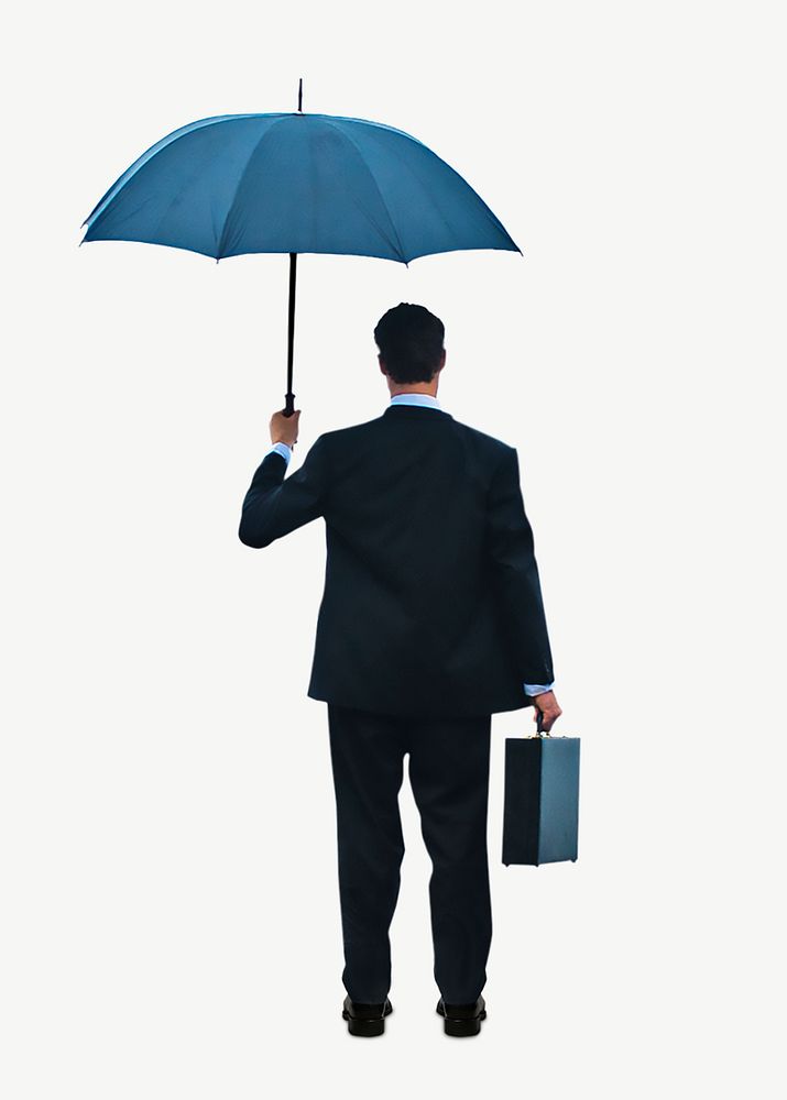 Businessman standing with an umbrella in the ocean collage element psd