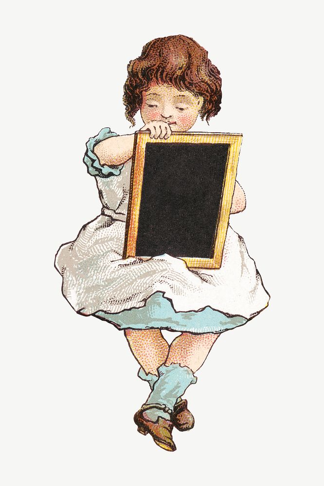 Little girl drawing on blackboard, vintage illustration psd. Remixed by rawpixel.