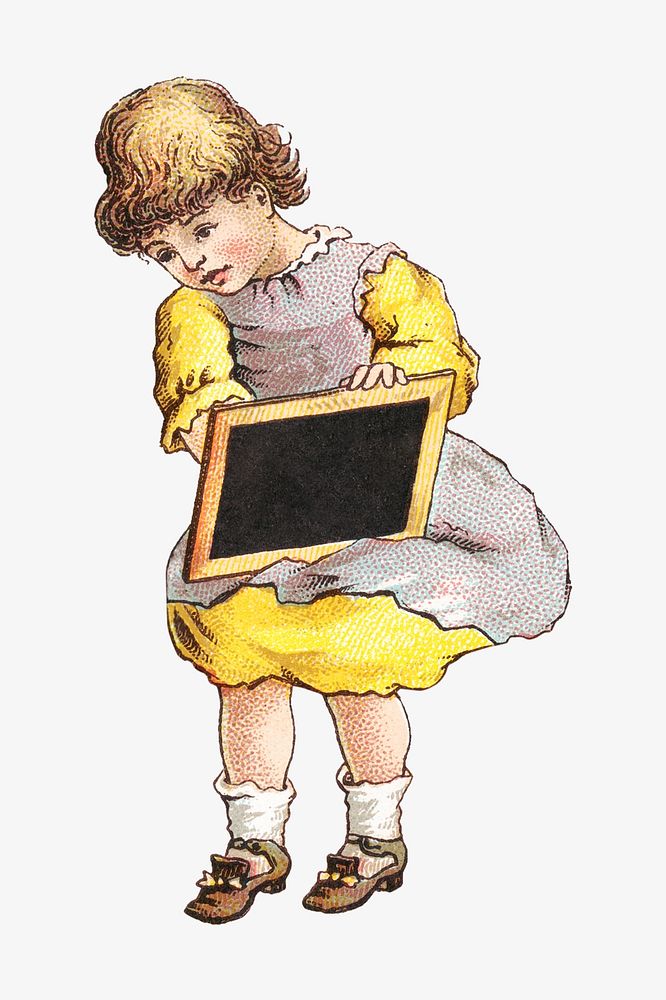 Little girl drawing on blackboard, vintage illustration. Remixed by rawpixel.