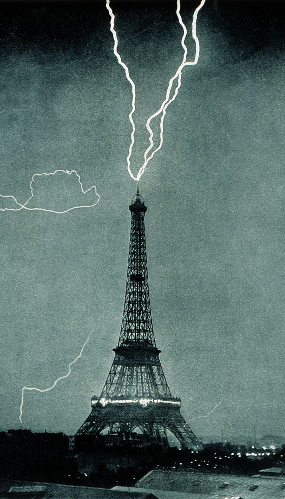 Lightning striking Eiffel Tower iPhone wallpaper, vintage photograph. Remixed by rawpixel.