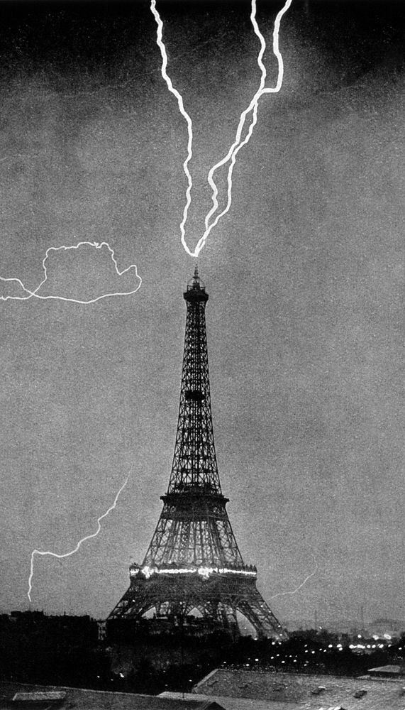 Lightning striking Eiffel Tower iPhone wallpaper, vintage photograph. Remixed by rawpixel.