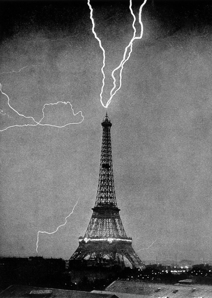 Lightning striking Eiffel Tower background, vintage photograph. Remixed by rawpixel.