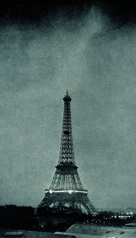 Lightning striking Eiffel Tower iPhone wallpaper, vintage photograph. Remixed by rawpixel.