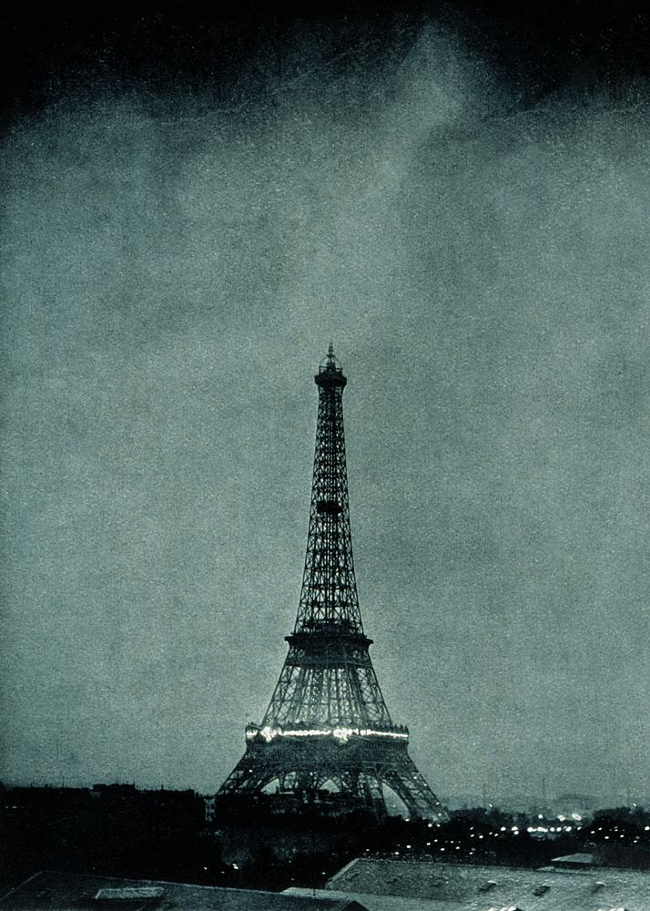 Lightning striking Eiffel Tower background, vintage photograph. Remixed by rawpixel.