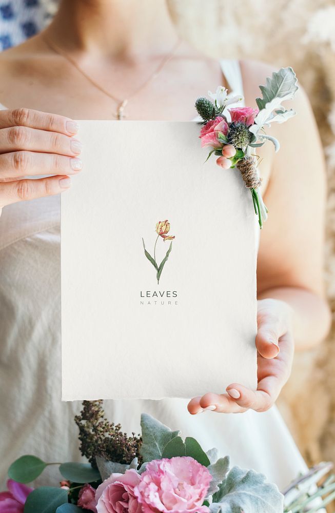 Bride holding a floral card mockup
