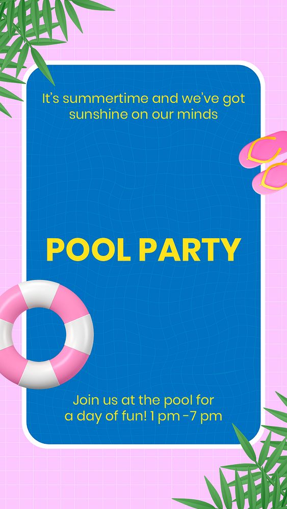 Pool party Facebook story template, 3D summer  psd