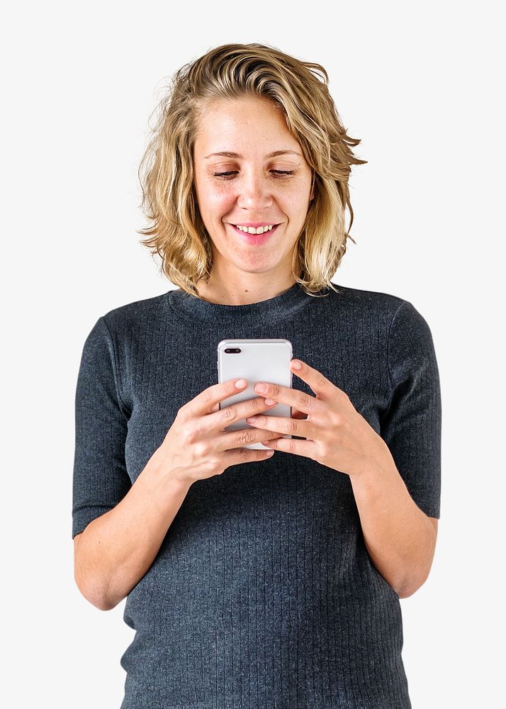 Woman using phone isolated image on white
