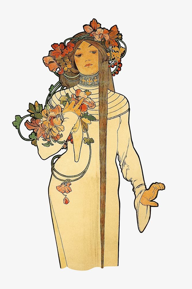 Alfons Mucha' woman chromolithograph art illustration. Remixed by rawpixel. 