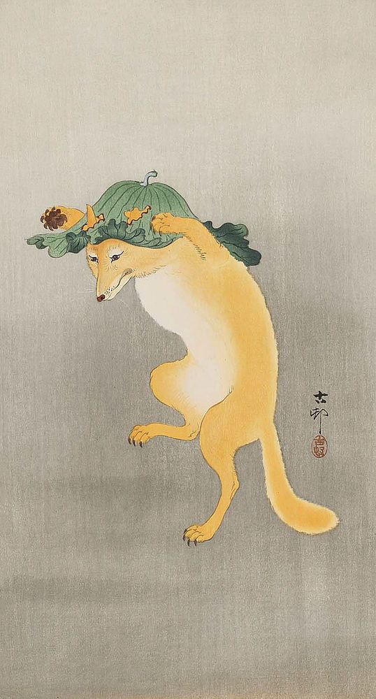 Ohara Koson's Dancing Fox with Lotus-leaf Hat (1910), vintage animal illustration. Original public domain image from…