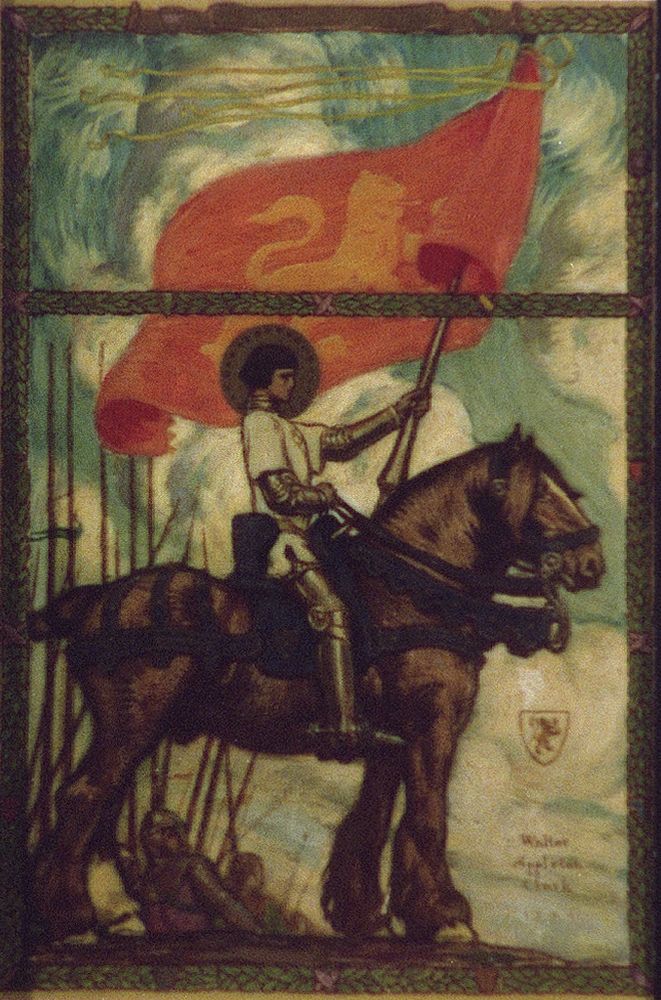 Haloed Joan of Arc (?) on horse with lion flag leading army (between 1890 and 1906) by Walter Appleton Clark