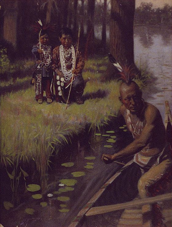 Indian canoeing, Indian children on bank (between 1900 and 1953) by J B Hazelton